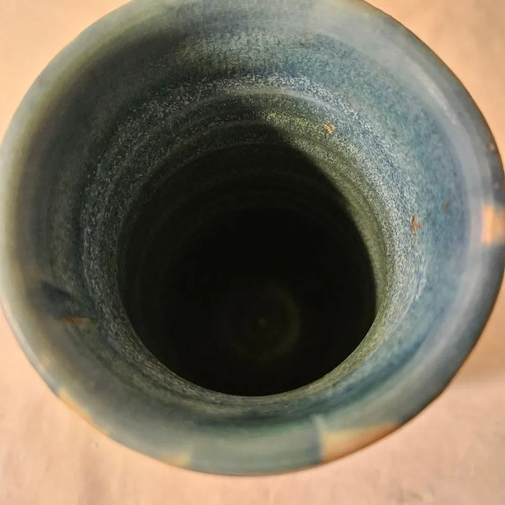 Handmade Pottery Vase Turquoise & White, Unique, Home Decor, Signed‎